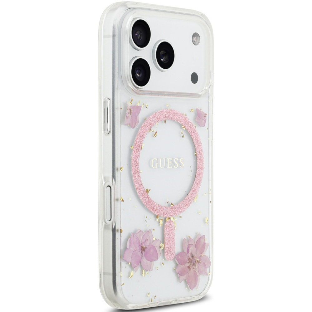 Etui Guess Resin Flowers Glitter MagSafe do iPhone 17 Pro, różowe z kwiecistym wzorem